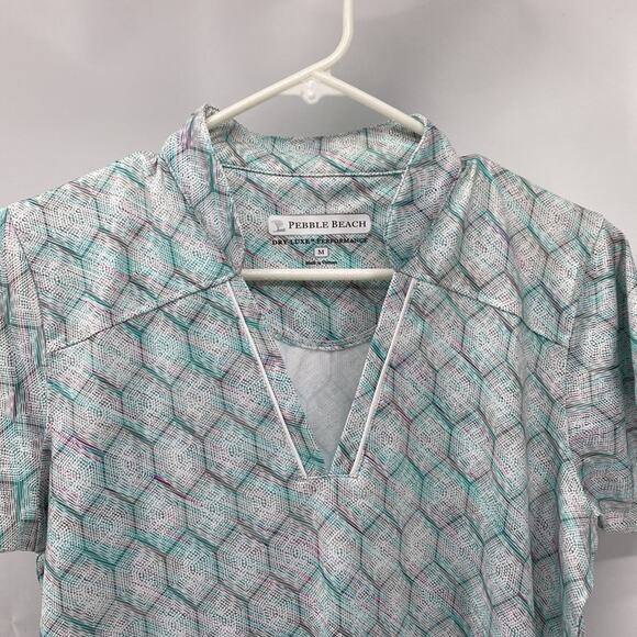 Pebble Beach Dry LuxeTeal Gray Geometric V-Neck Golf top athletic performance - Picture 3 of 8